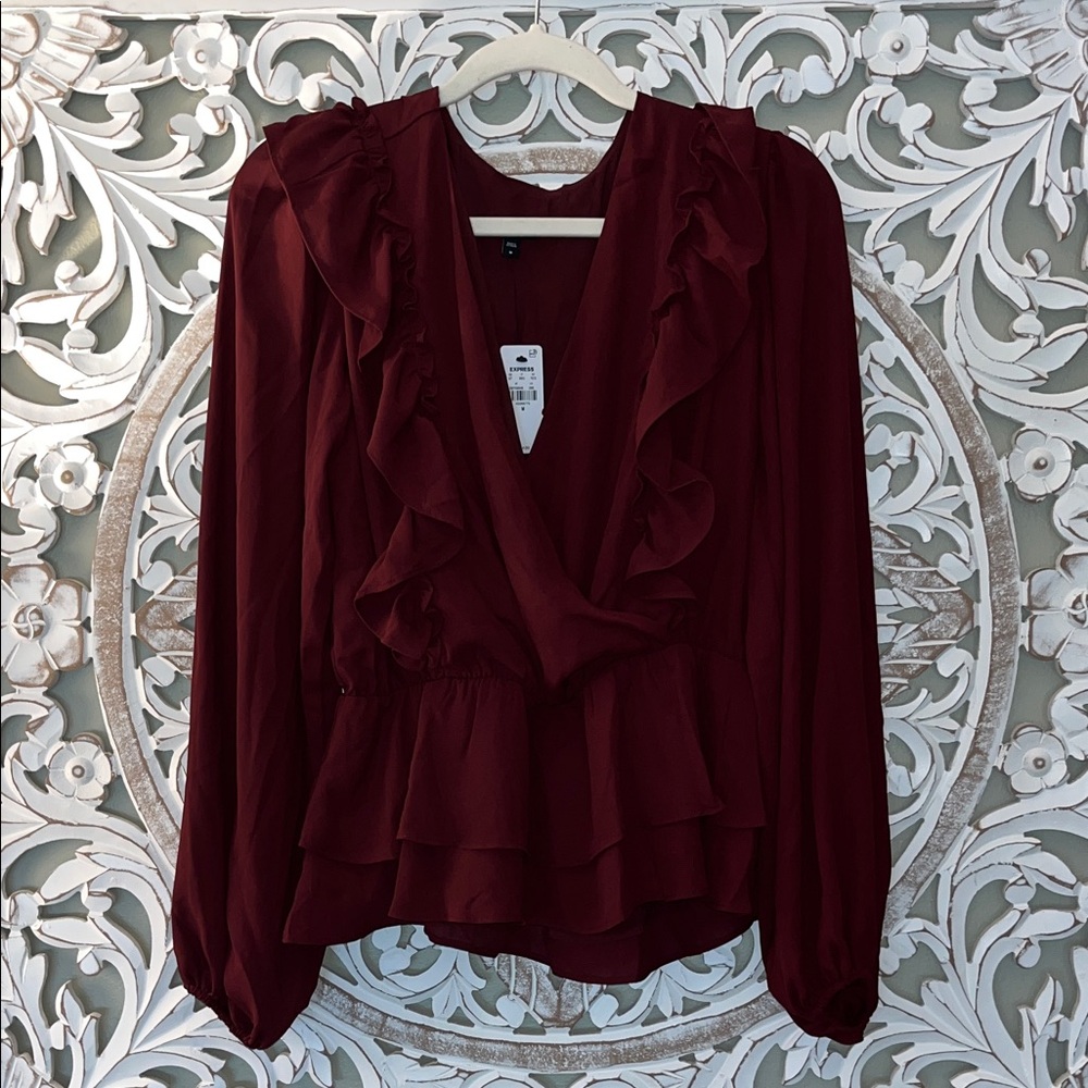 Express Burgundy Ruffle Blouse - Picture 2 of 10